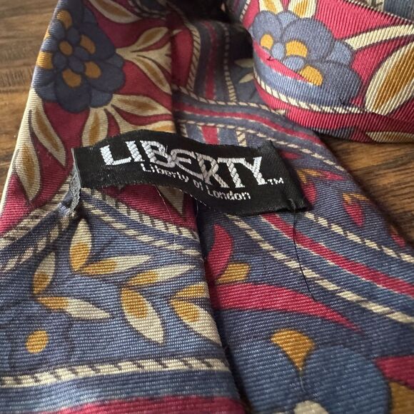 Liberty of London Tie Silk Necktie Burgundy Navy Cream Floral Geometric 58 Inch - Picture 10 of 10